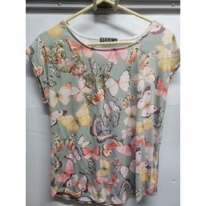 ECLA Womens Butterfly Print Cap Sleeve Top Sage Green Gold Glitter Accent Size M